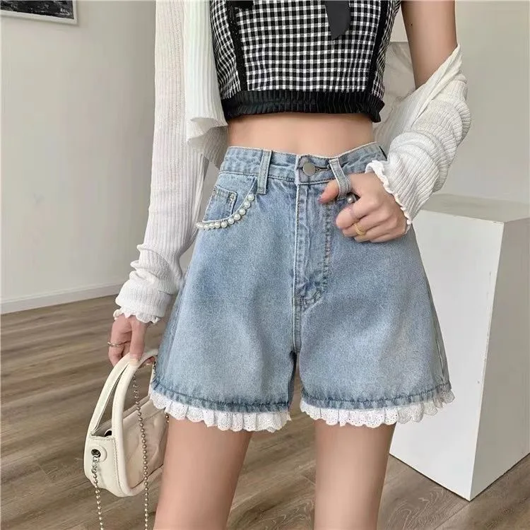 Women's Light Wash Denim Shorts with Pearl & Lace Trim, High Waist Wide Leg Shorts, Cute Sweet Style Summer Jean Shorts
