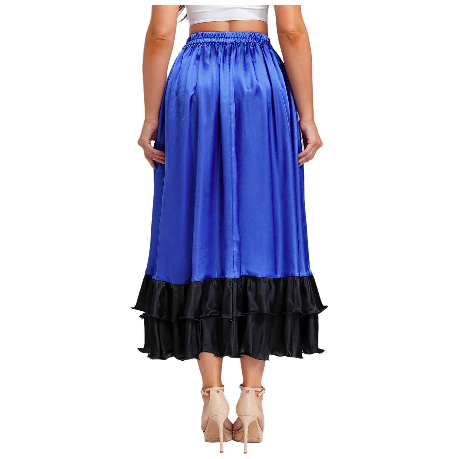 Elegante falda de flamenco para mujer con dobladillo con volantes y tela satinada, perfecta para actuaciones de danza española y práctica de tango