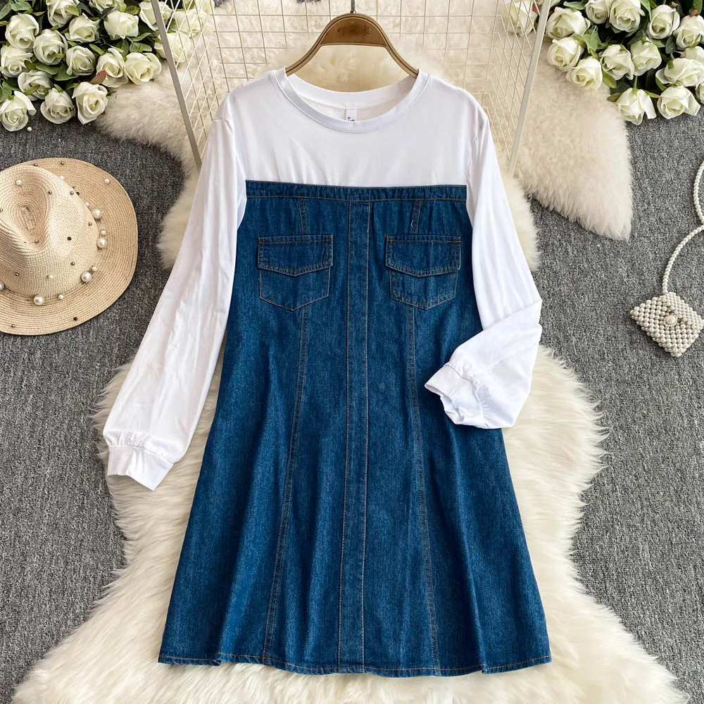 Women Color Matching Denim Dress Female Korean Version Long Sleeve T shirt Splicing Loose Medium Long A-line Dresses