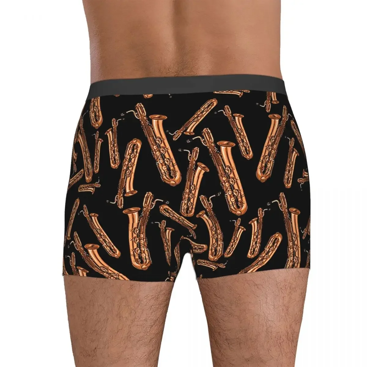 Cuecas boxer para homens, shorts boxer, calcinha preta, barítono, padrão saxofone, roupa interior ventilada, presentes de namorado