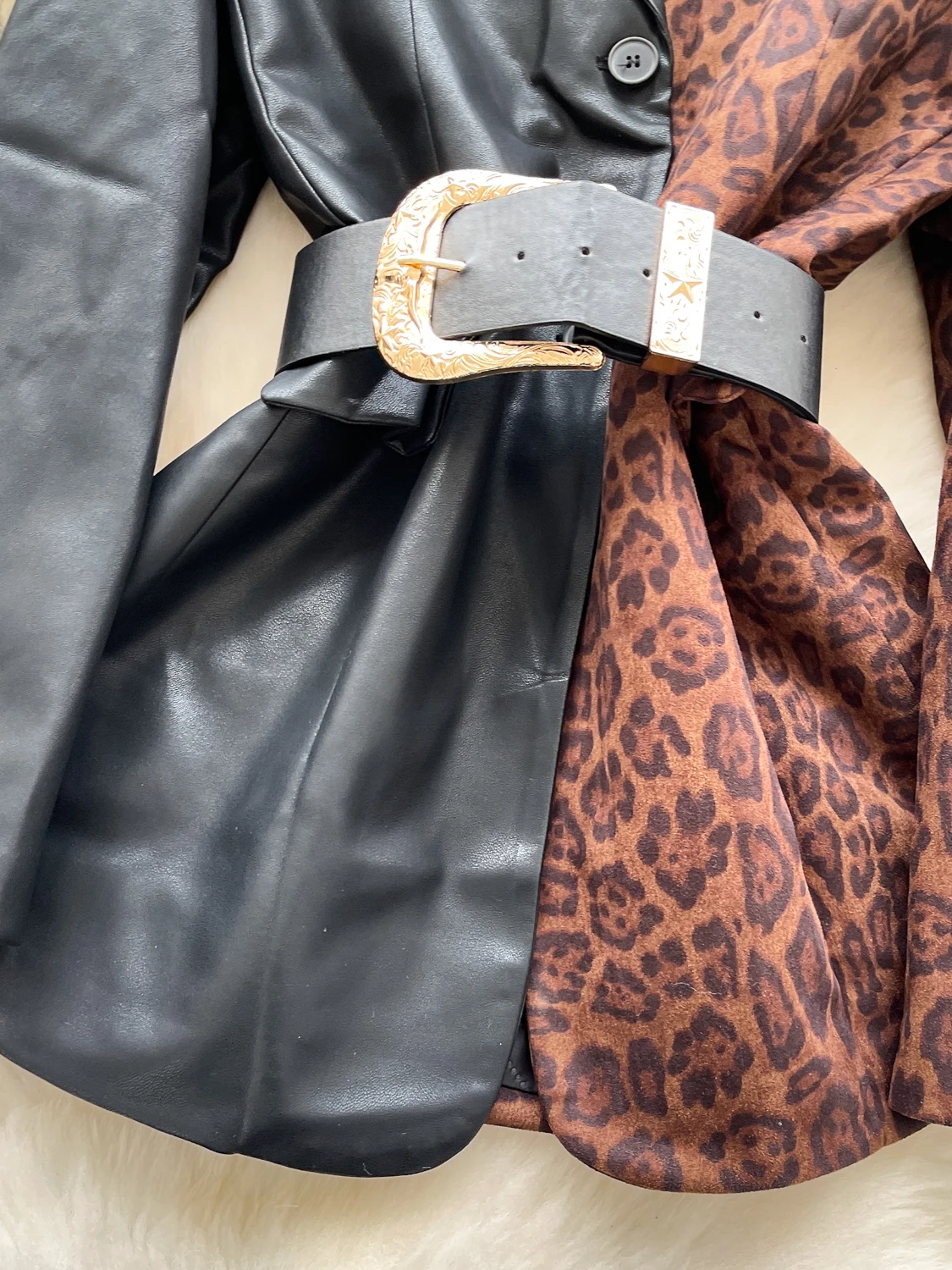 Damen Schwarz Gothic Patchwork Leopard Blazer Jacke Y2k Harajuku 2000er Jahre Vintage Langarm Einreiher Anzug Mantel Oberbekleidung