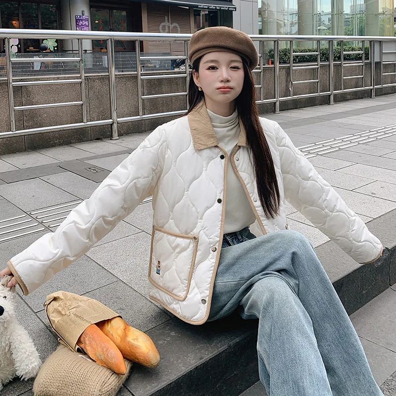 Sweet Quilted Jacket Embroidery Cotton Padded Jacket Women's Autumn Winter Lightweight Single-breasted Pocket Coat Long-sleeved