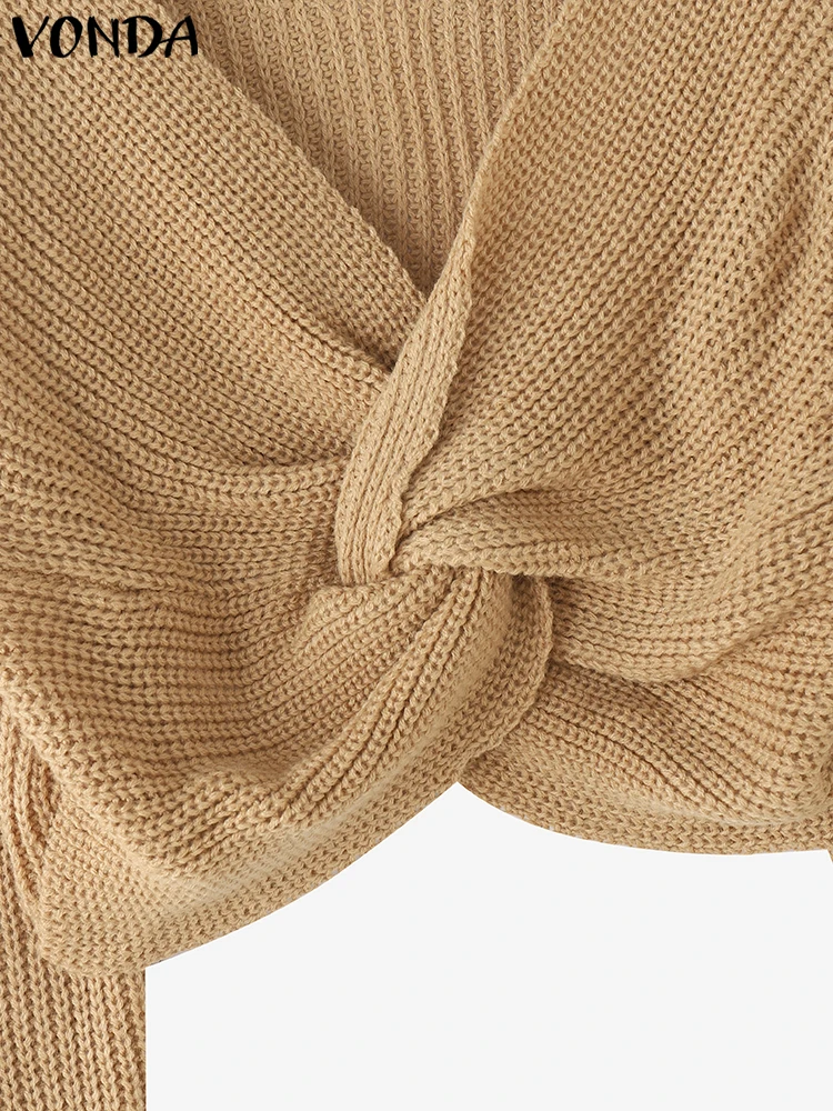 Eleganckie swetry VONDA, kolekcja jesień 2025, seksowne swetry damskie z dekoltem w serek, modne swetry z jednolitego materiału, z efektem skręcania, z długim rękawem, krótkie swetry dzianinowe.