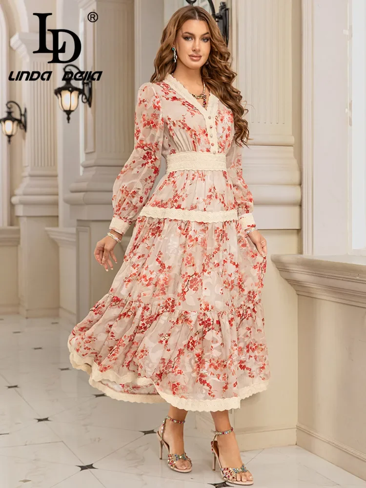 

Платье LD LINDA DELLA 2025 Весна/Лето, новинка, с V-образным вырезом, в стиле ретро, с принтом «Цветы сливы», на одной пуговице, элегантное, с кружевной отделкой