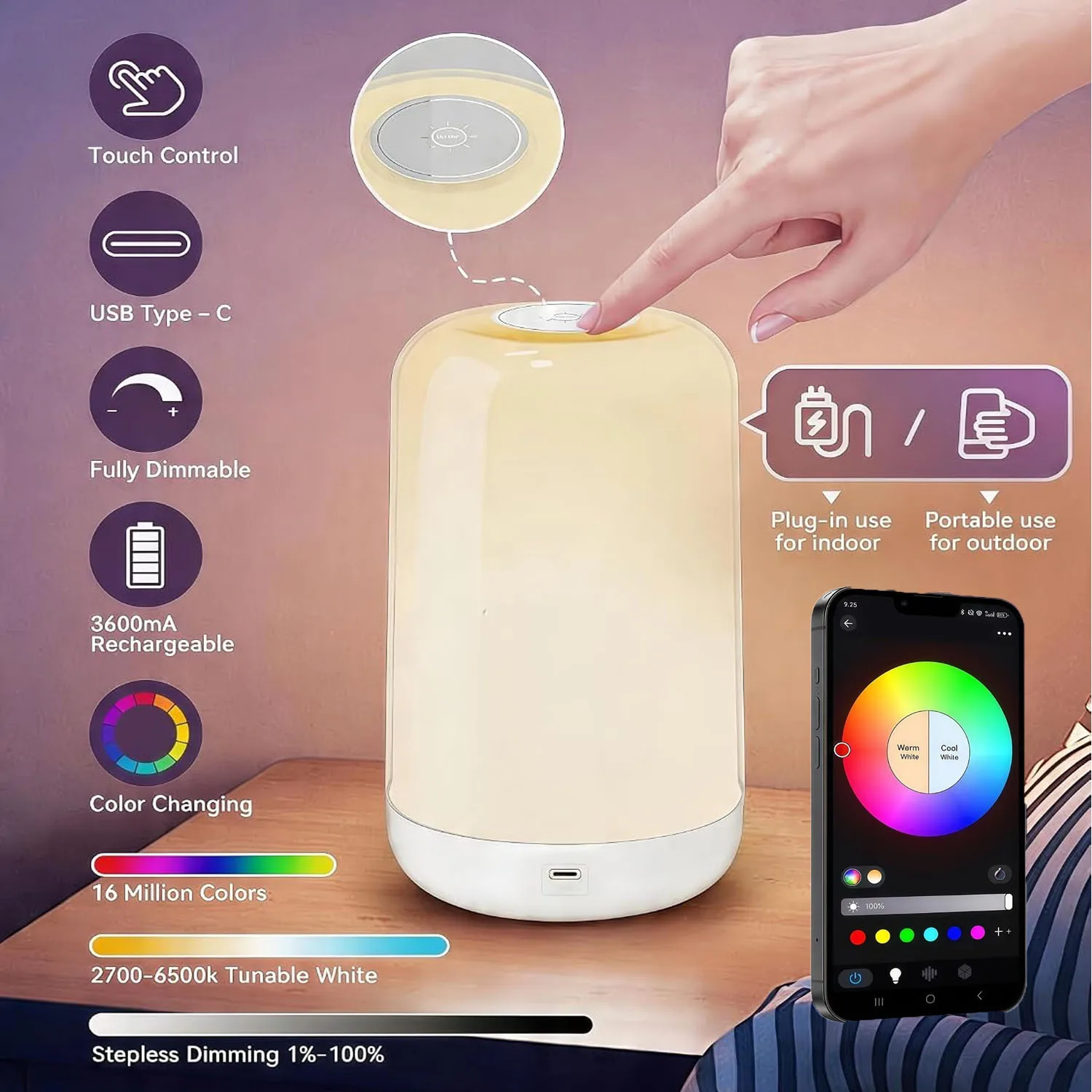 スマートベッドサイドランプ、タッチ操作で調光可能なrgb-ledナイトライト、3600mahのusb充電式テーブルランプ。寝室の装飾やクリスマスギフトに最適。