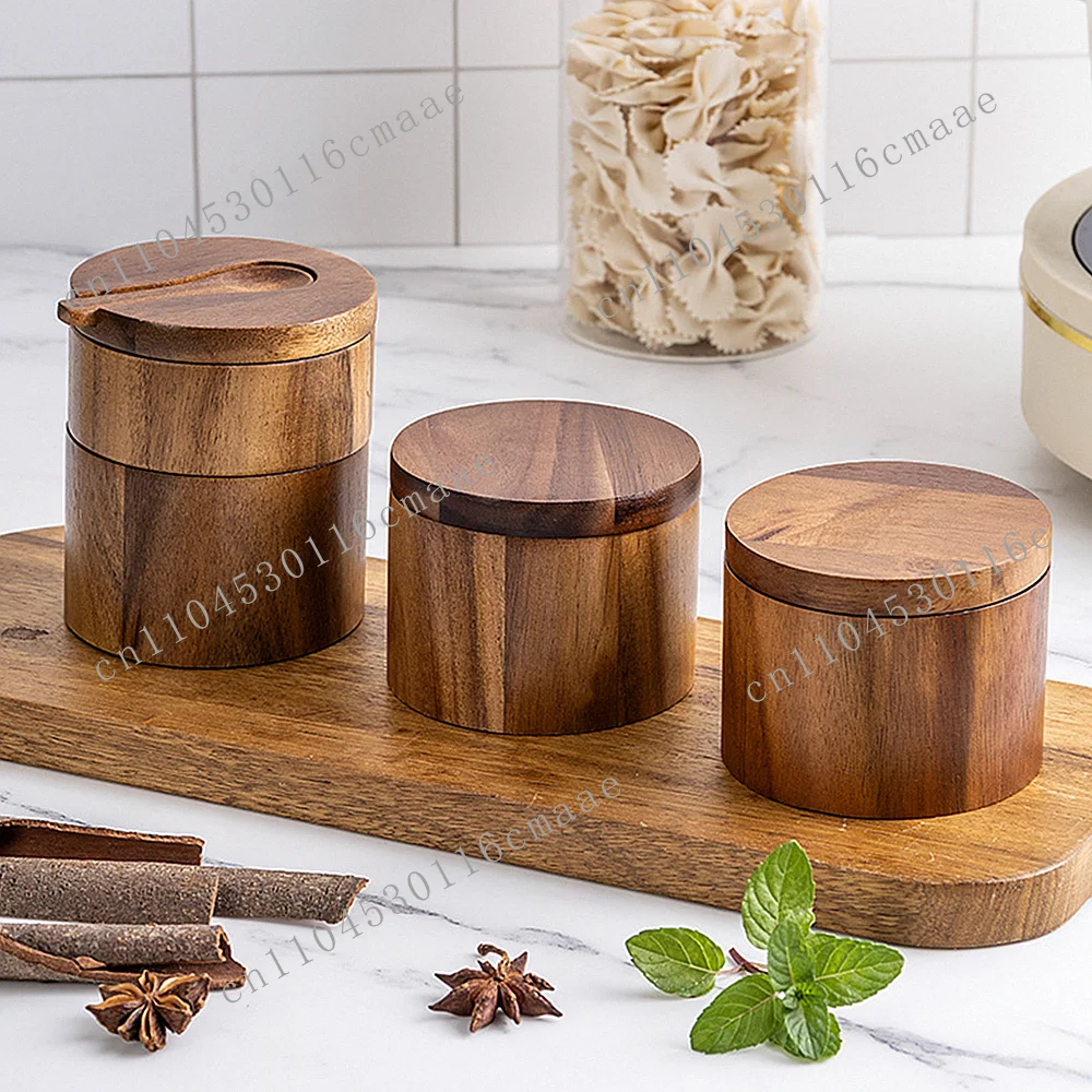 Suitable for solid wood salt cellar with lid and spoon bowl, double seasoning pepper spice container storage rack