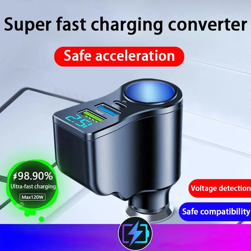 Neues digitales 66-W-Autoladegerät, eine bis zwei Zigarettenanzünder-Konvertierung, multifunktionales Dual-USB-Handy-Ladegerät