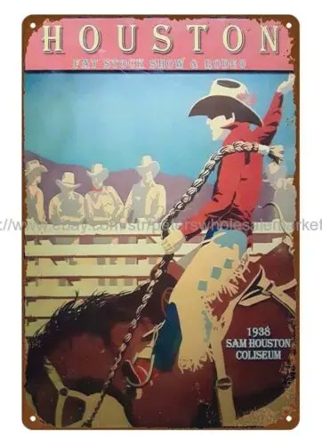 home furnishing items 1938 Houston Fat Stock Show Rodeo cowboy metal tin sign