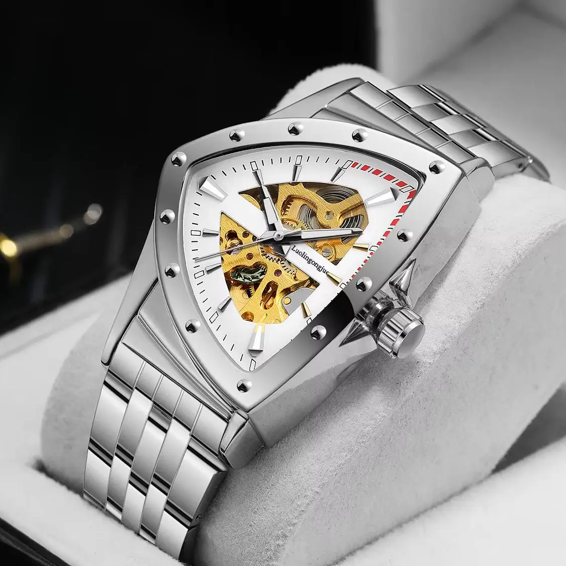 

Luxurious Triangular Men's Automatic Mechanical Watch, Hollow-Out Trendy Punk Men's Watch, Business Casual Versatile Steel Band Wristwatch, Waterproof Luminous High-End Men's Watch, Internet Celebrity Hot-Selling Unique Large Dial Men's Mechanical Watch, 