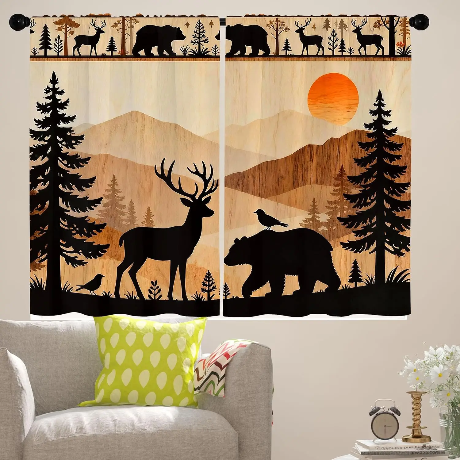 Wood Deer Bear Curtain Pine Mountain Bird Sunset Silhouette Print Light Filter Drape For Farm Bedroom Kitchen Homestay Decor