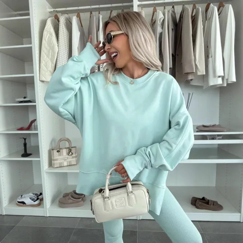 2025 여성용 솔리드 캐주얼 루즈 트랙수트 세트 드롭 숄더 슬리브 스웨트셔츠 풀오버 탑+팬츠 세트 가을
