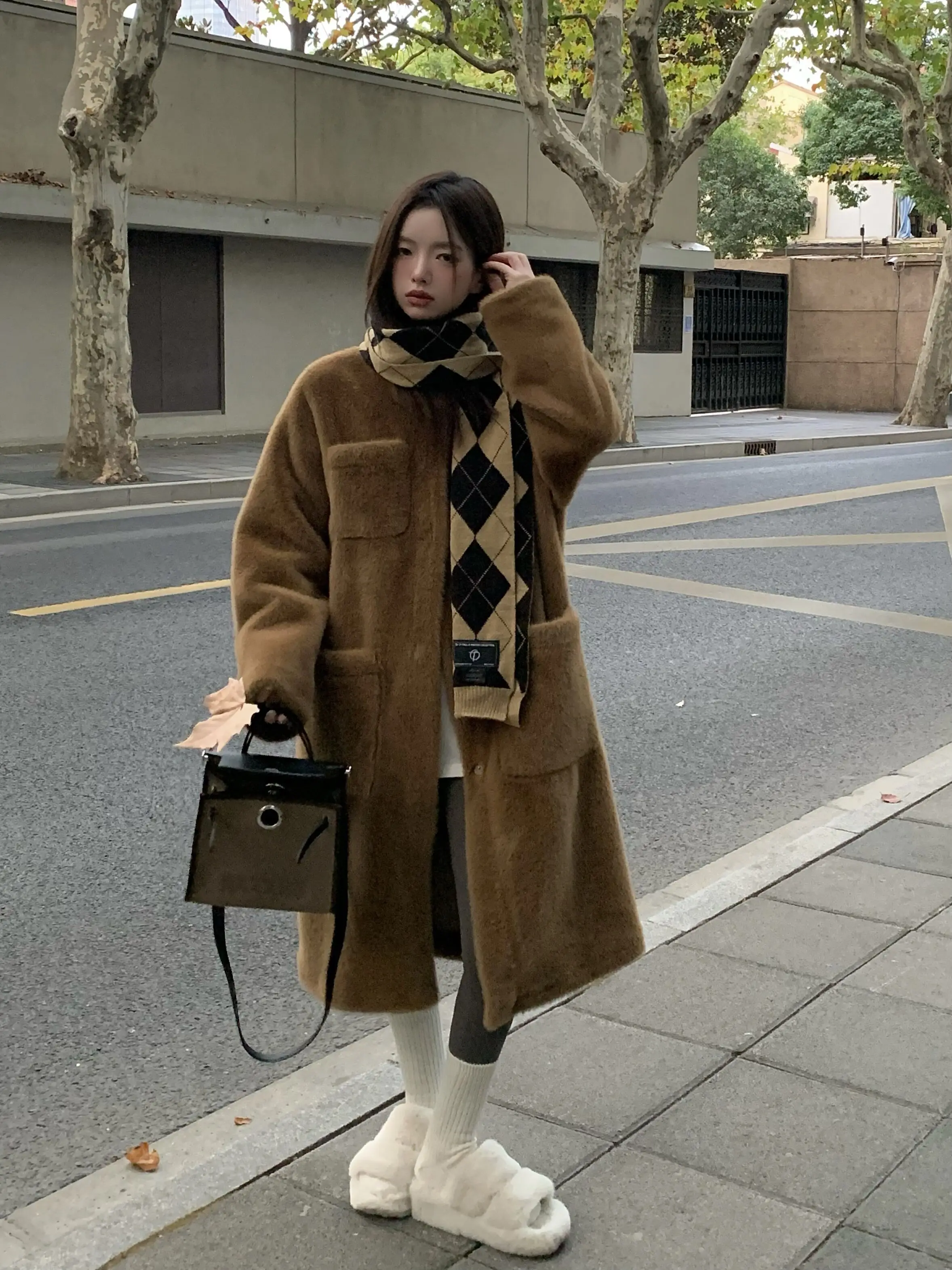 Autumn Winter Long Coffee Thick Warm Soft Faux Rabbit Fur Coat Women\'s Elegant Luxury Chic Fluffy Plush Lady Overcoat 2023 New