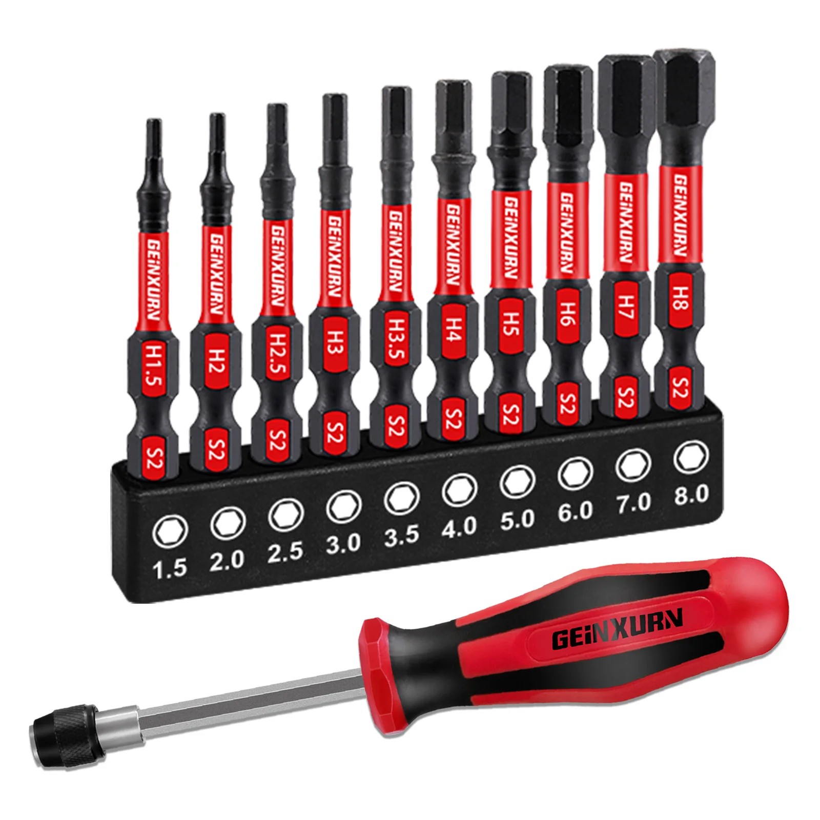 Geinxurn 11PCS 2" Driver Bit Set With Screwdriver Bit Handle Set,2 Alloy Steel HEX Screwdriver Bits Set(HEX1.5-8)