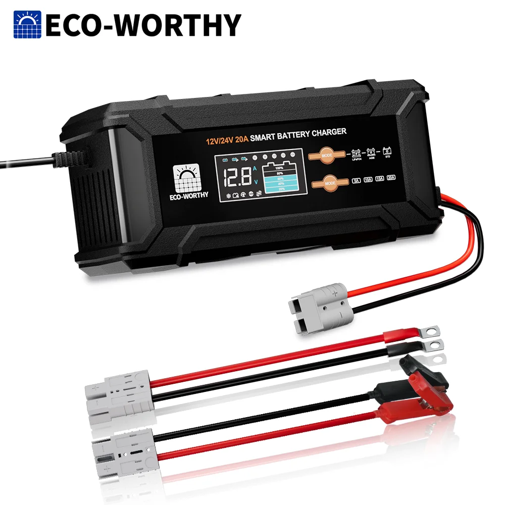 جهاز صيانة شاحن البطارية الذكي ECO-Worthy 12V/24V 20A، كشف الجهد التلقائي لحمض الرصاص LiFePO4 مع خيارات التيار المتعدد 5A #1