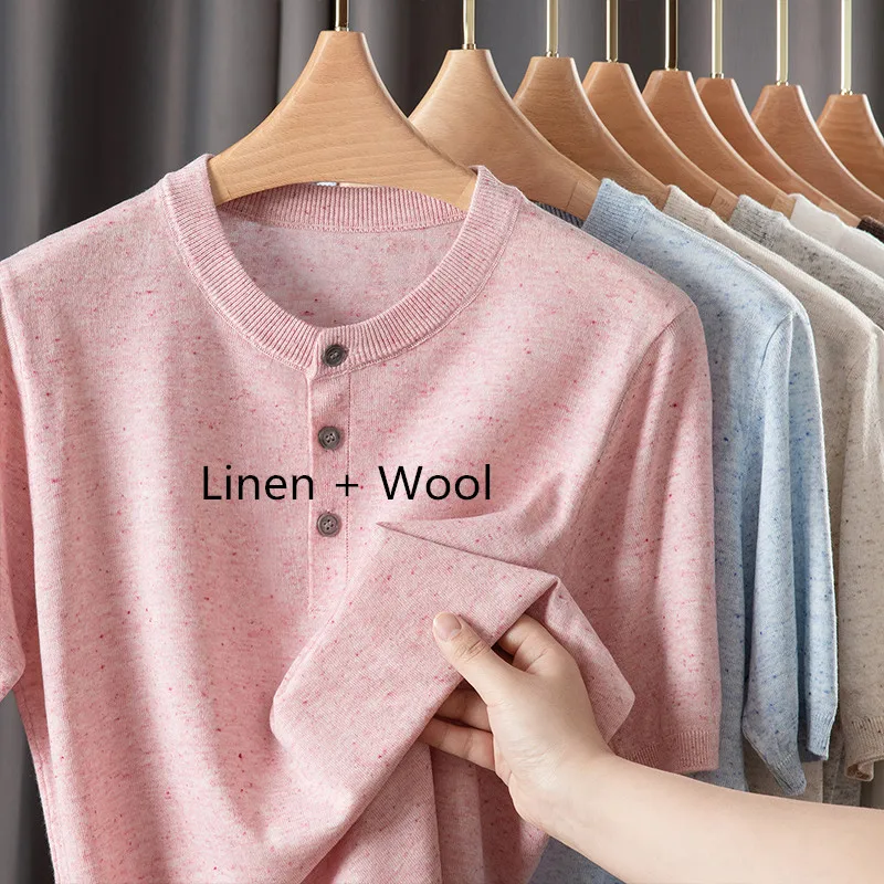Wool Thin Buttons Knitwear for Men Spring Summer Trendy Henry Collar Jumper Short Sleeve Breathable Linen Knitting  T-shirts