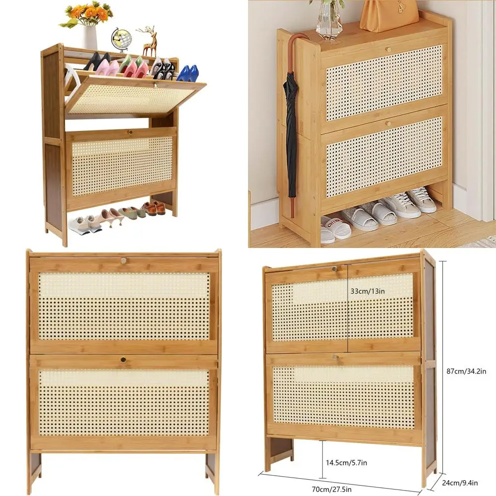 

Slim Bamboo Shoe Storage Cabinet with 2-tier Rattan Rack for Entryway, Ideal Shoe Organizer for Heels, Boots, Slippers (Wood Ton