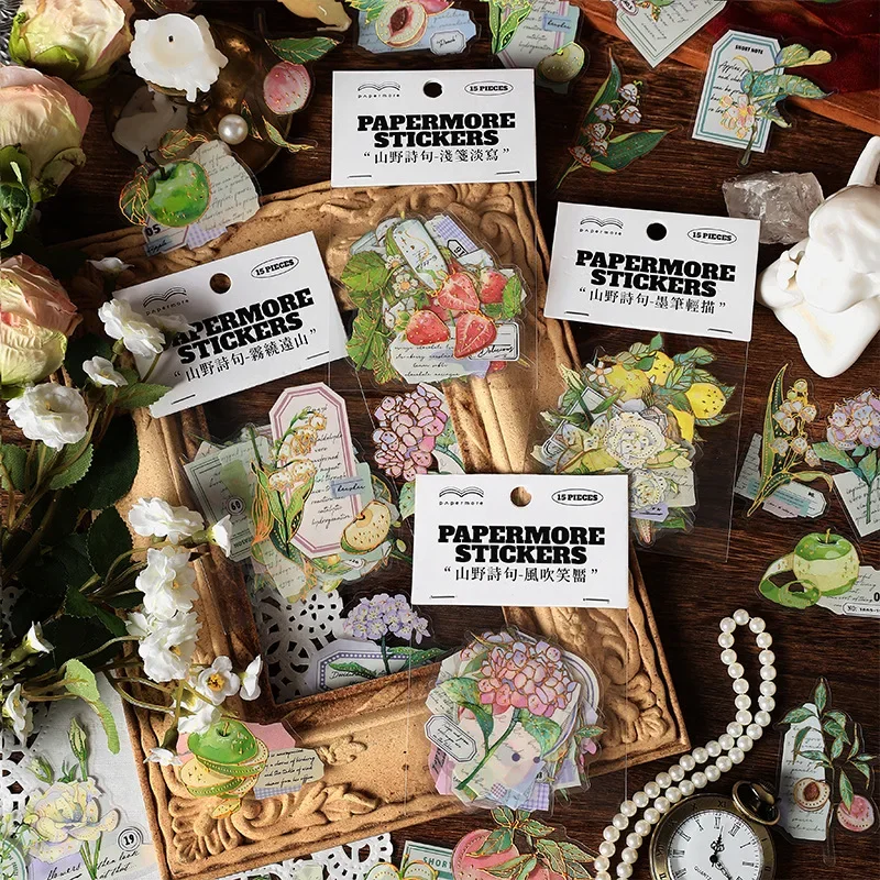

15pcs/bag 3D Gilding PET Sticker Pack Yamano Poetry Small Fresh Plants Peach Berry Lemon Apple Die-cutting Decorative Stickers