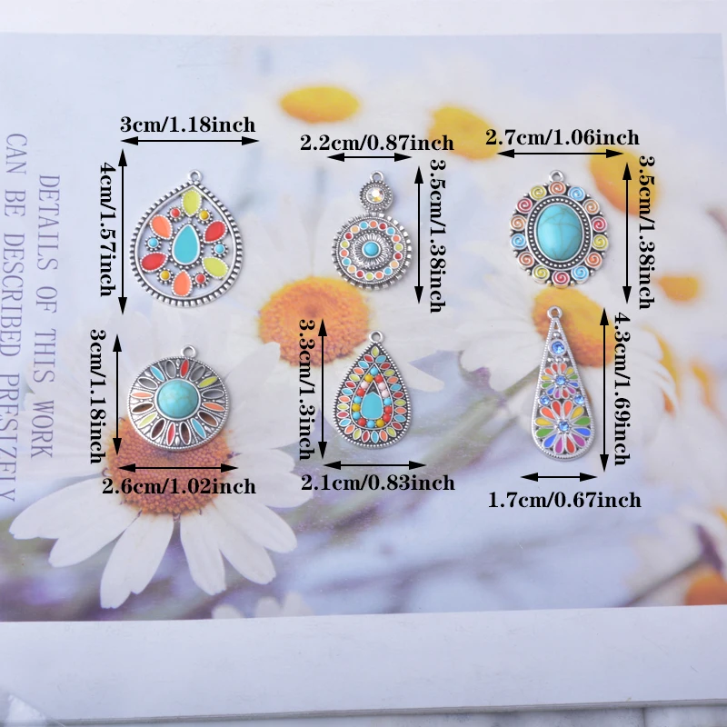 12 Stück Böhmischer Stil Antik Silberfarbene Emaille Imitation Türkisblau Charms Ohrringe Anhänger Zubehör DIY Damenschmuck – Detail 4