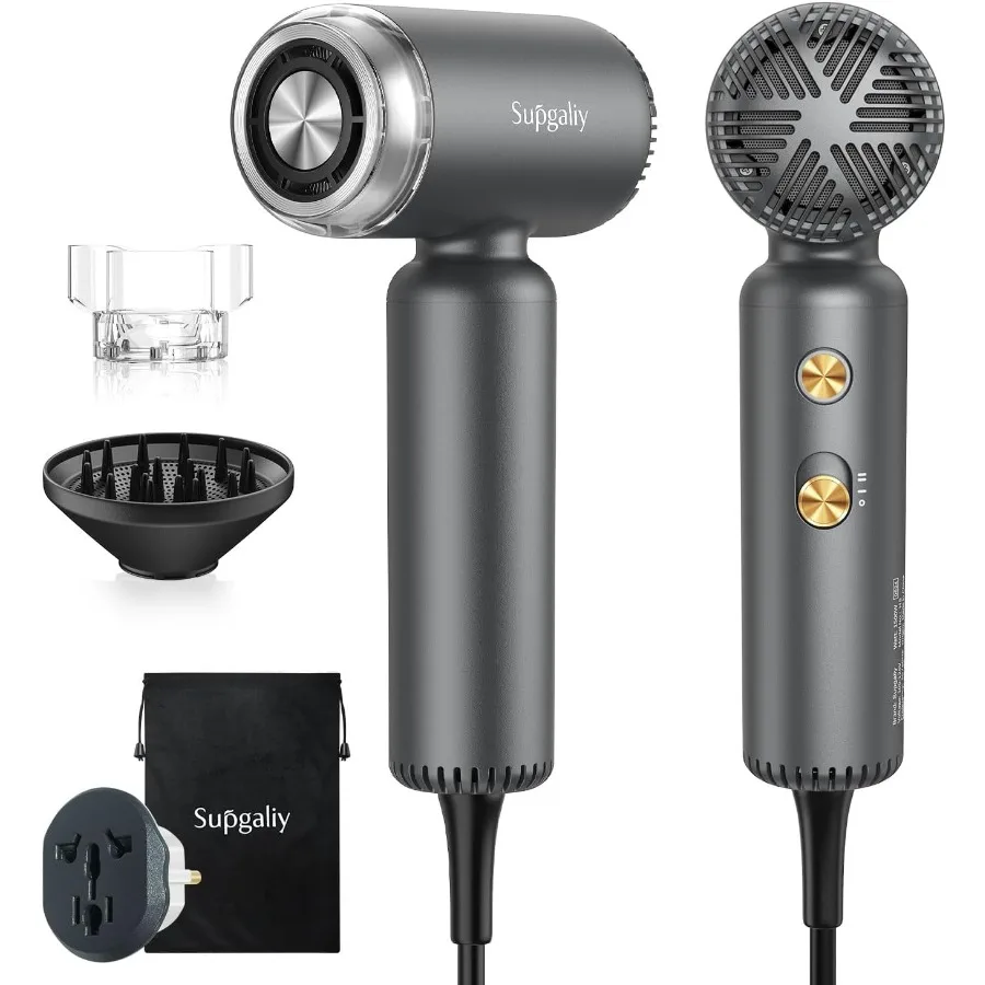 

Dual Voltage High-Speed Ionic Hair Dryer with Magnetic Curly Diffuser for Fast Drying Compact Travel Blow Dryer in Black 110-24