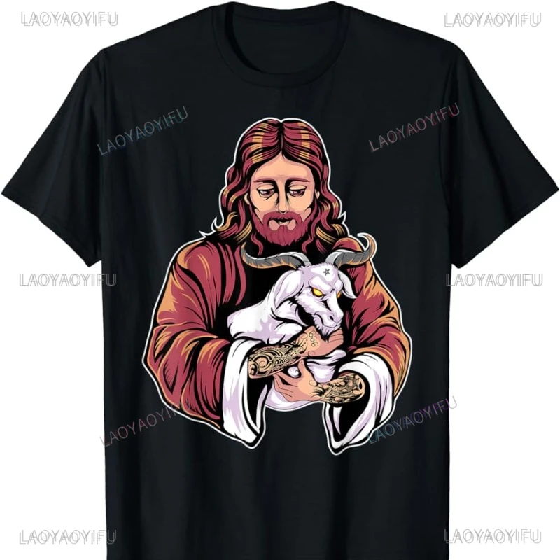 Blackcraft Jesus Loves Satan Female T-Shirt Baphomet Goat Atheist Men's Summer Vintage Clothing John Christian Aesthetic Y2k Top