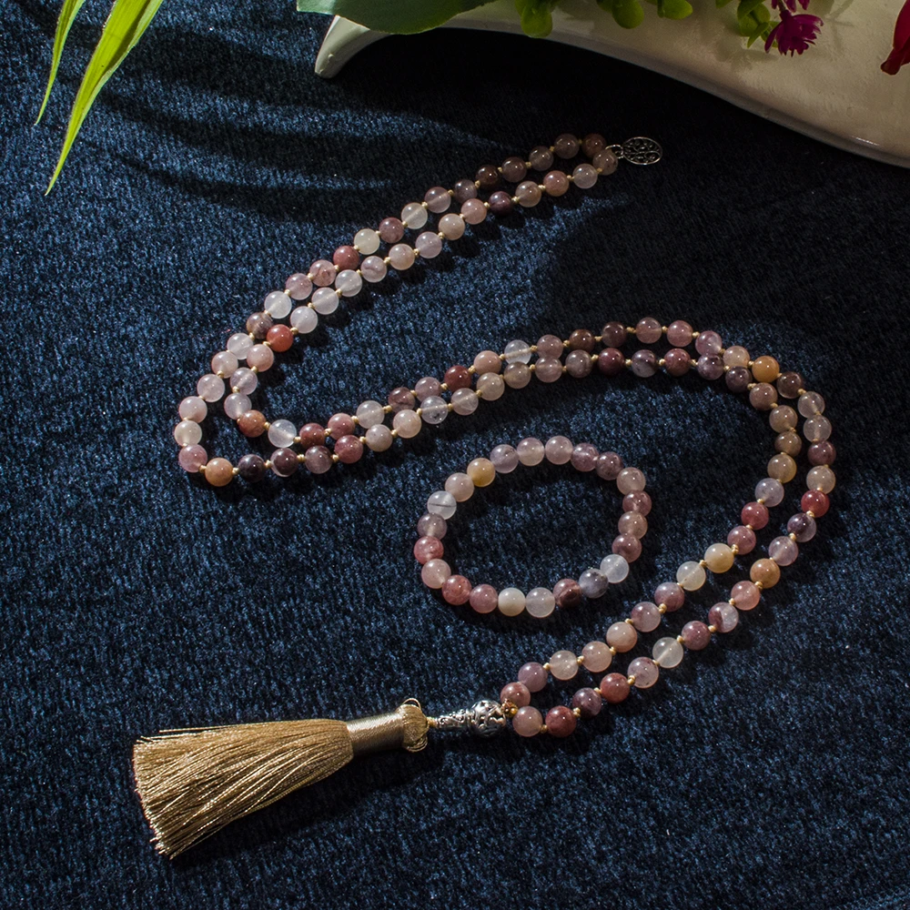 

8mm Violet Stone Beads Knotted 108 Mala Necklace Meditation Yoga Prayer Japamala Set for Men and Women