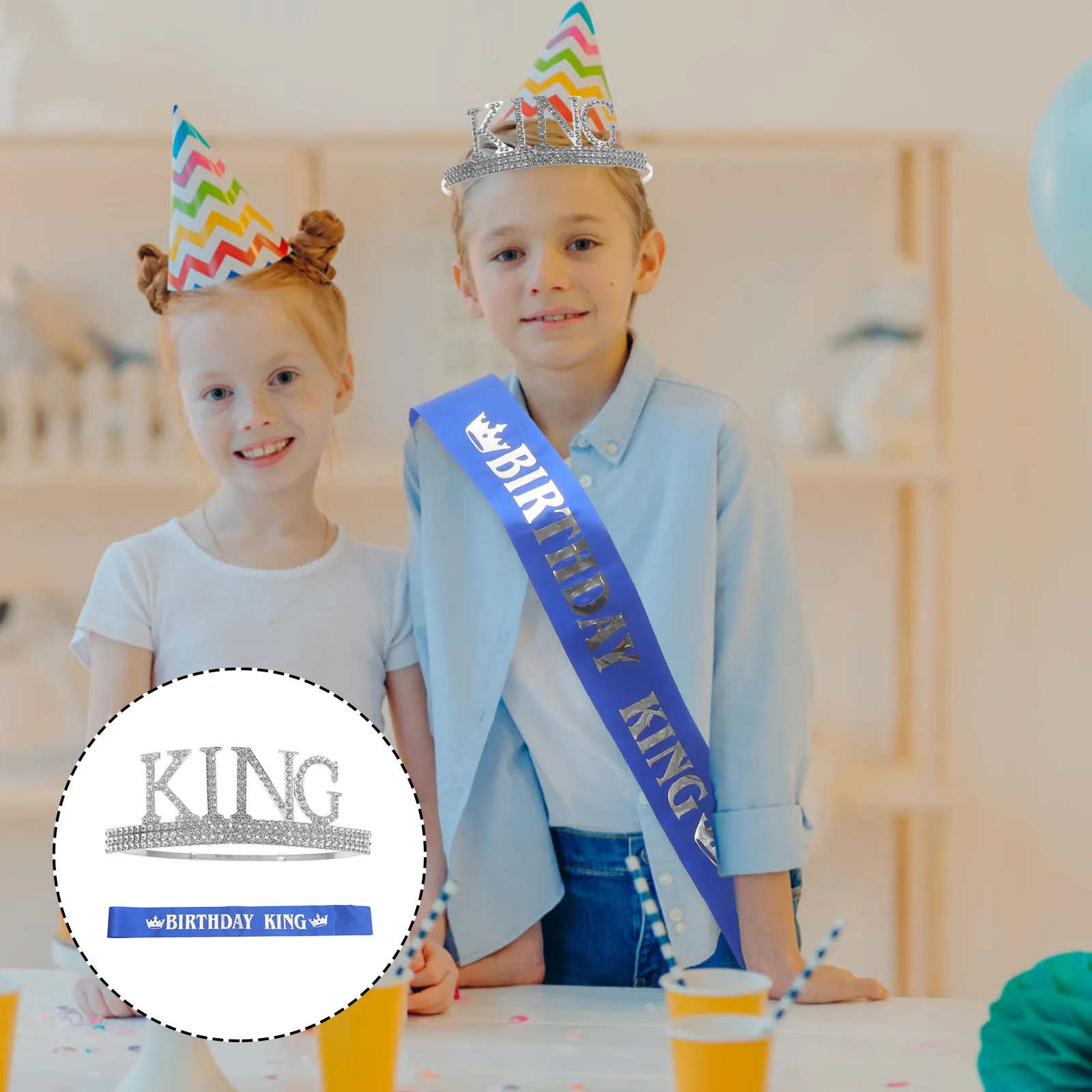 1Set Glitter Birthday Crown and Sash Set Rhinestone King Headdress Prom Accessories Costume Party Decor Luxury Stable Elegant