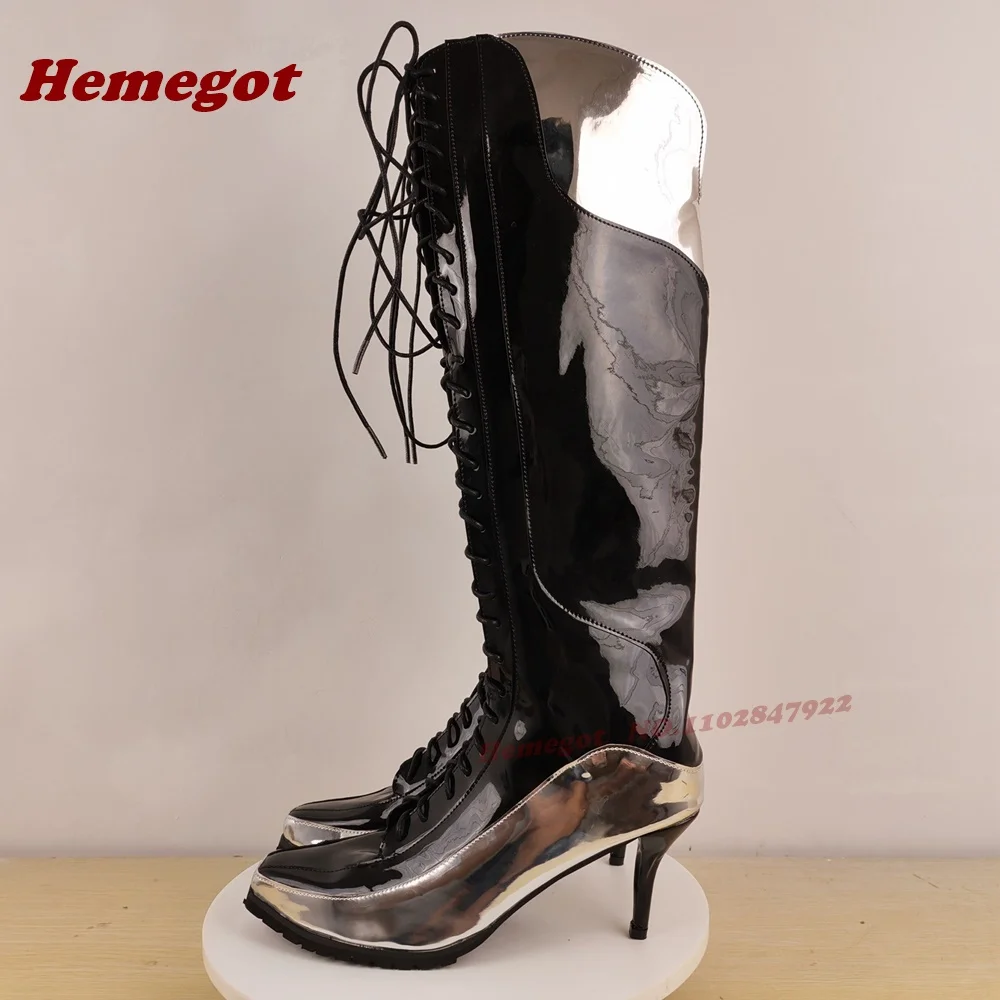 

Patchwork Glossy Knee High Boots Pointy Toe Stiletto Heels Winter Boots for Women 2025 New Lace-Up Runway Shoes Patent Leather