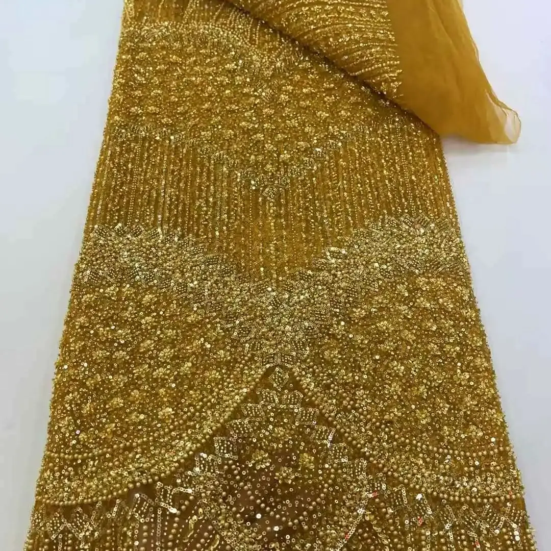 

Luxury African Sequin Beaded Lace Fabric 2025 High Quality Groom Nigerian Wedding Bridal Embroidery French Tulle Sewing.