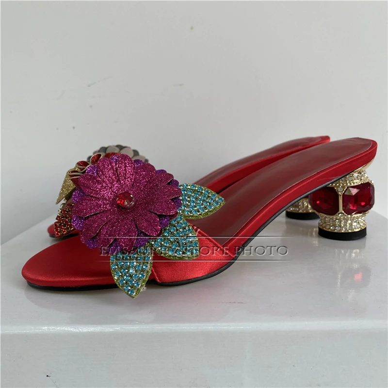 Bling Sequins Diamond Flower Sandals Women Luxury Satin Slingbacks Crystal Rhinestone High Heel Summer Shoes