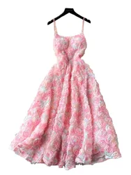 Brand Sweet 3D Rose Floral Embroidery Banquet Party Dress Women's Spaghetti Strap Pink Tulles Mesh Birthday Wedding Robe Vestido