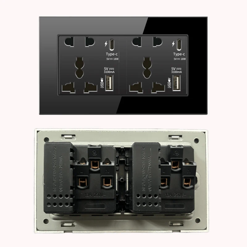 Interruttore per applique da parete di alta qualità in vetro nero UK EU presa a muro, tipo c Usb 1Gang 2Gang 3Gang switch typeC18W presa di ricarica