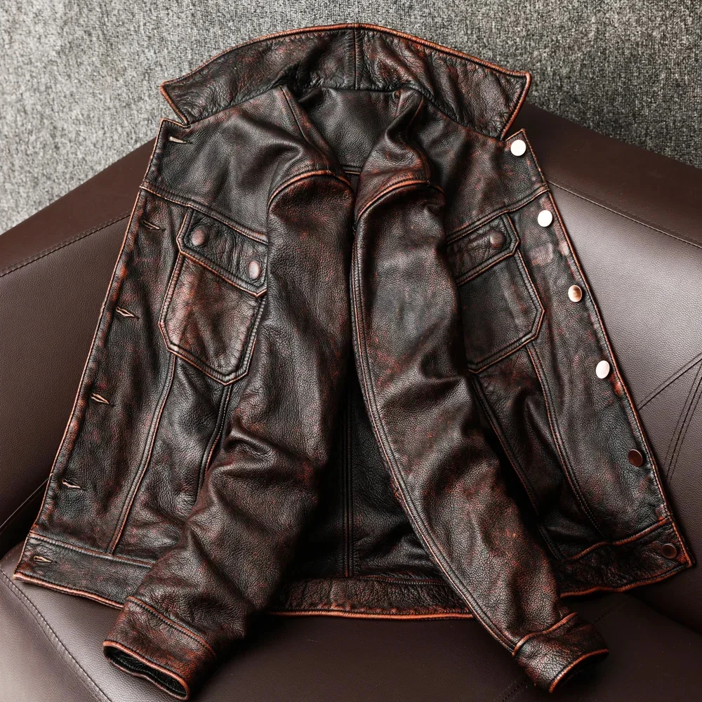 Red Brown Vintage Genuine Leather Jacket Men 100% Natural Cowhide Coat Men's Casual Workwear Stone Mill Old Style Autumn Clothes