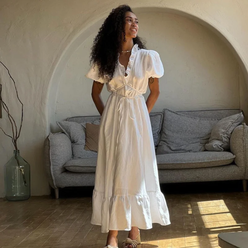 

2024 Short Puff Sleeve V Neck Long White Dresses Women Casual Lace Up Vacation Dress Elegant Office Lady Vintage Dress Vestidos