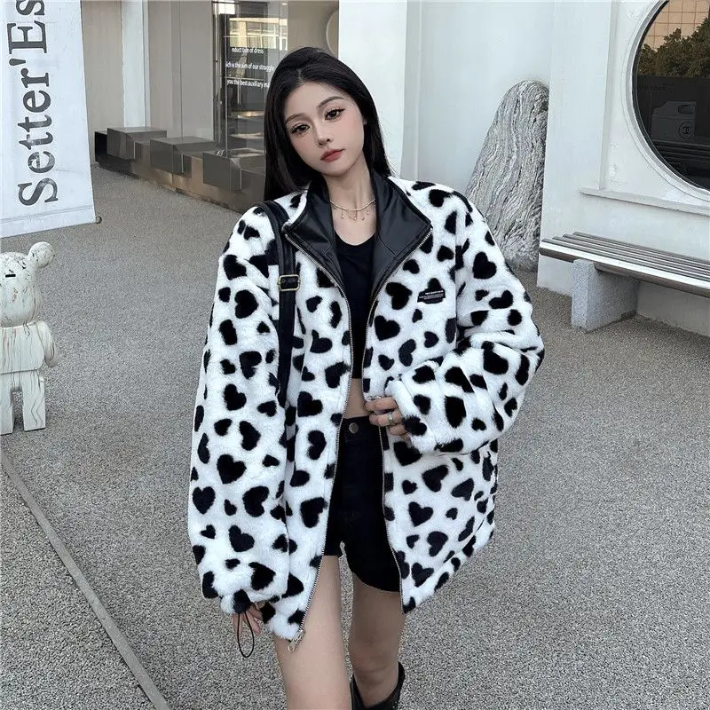 가을 겨울 여성 인스타그램 하트 모양 플러시 두꺼운 재킷 양면 가죽 코트 트렌디 아메리칸 레트로 스타일