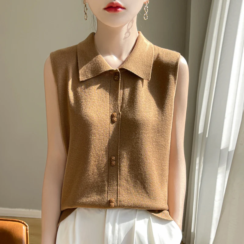 Fine Imitation Wool Shirt Vest Women 2024 Summer,Sleeveless Knit Top,With Loose Lapels,Will Not Pill,Shrink Resistant Sweater