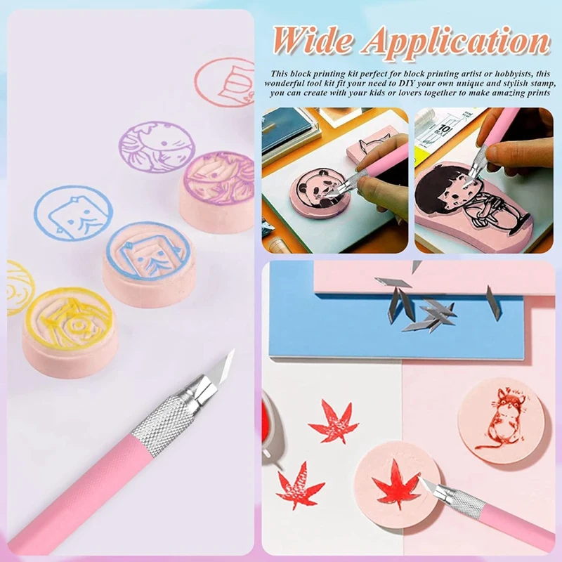 บล็อกแกะสลักยางสีชมพู2X2inch 6ชิ้นเครื่องมือแกะสลักสำหรับแกะสลักการพิมพ์งานฝีมือทำจากยางนิ่มแสตมป์ทรงกลมที่ทนทาน