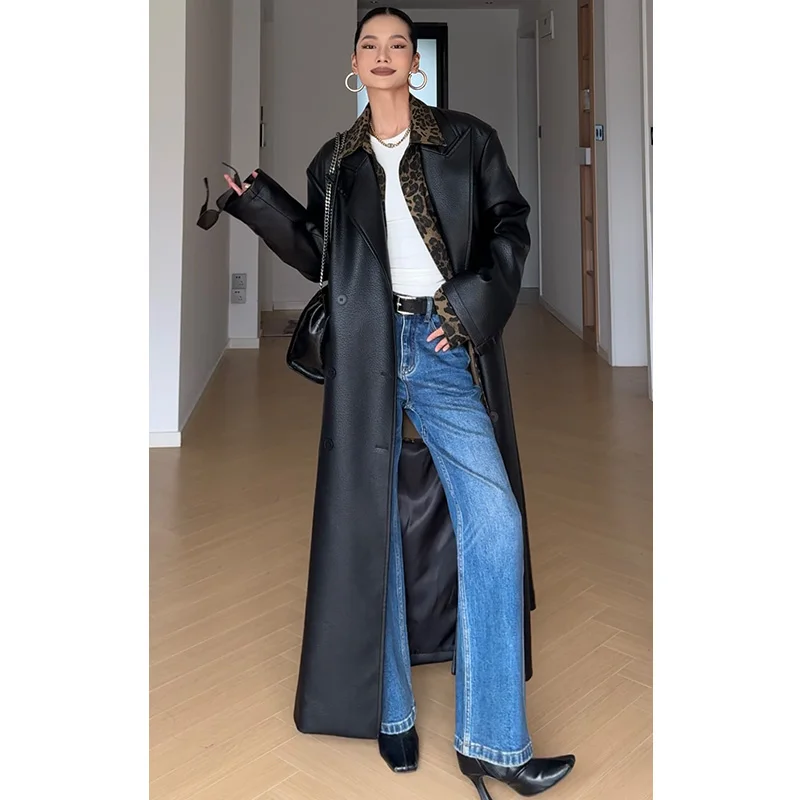 Cizzlemore Long Leather Coat Women Faionable Heavy Texture Gun Ne Long Coat Street Sle Autumn Season High Quali Leather