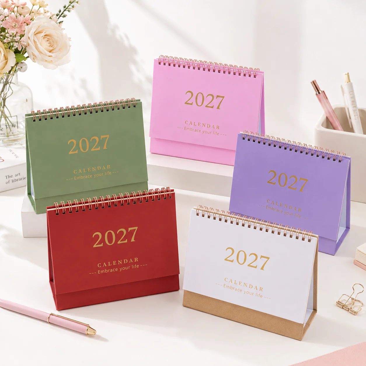 Minimalist Colors 2027 Medium Desktop Calendar, Metal Coil Bound Desktop Memo, Suitable for School and Office Use