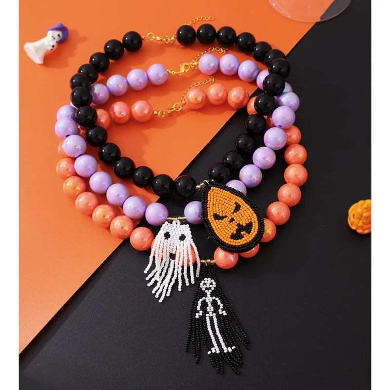 Halloween Gothic Iridescent Bead Teardrop Pumpkin Skeleton Ghost Rice Bead Pendant Necklace