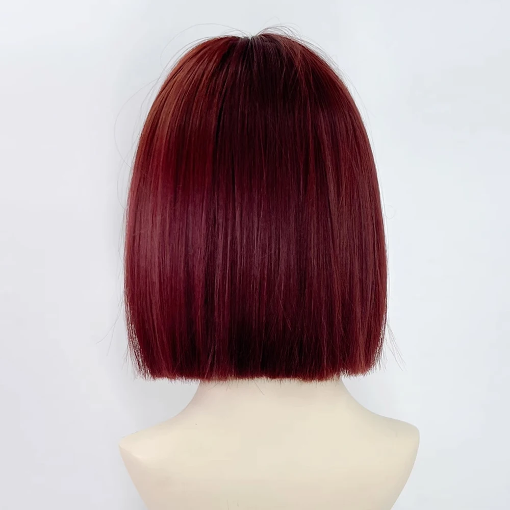 Synthetic Red Short Straight Women Bob Wigs with Bangs Lolita Cosplay Nature Fluffy Hair Wig for Daily Party