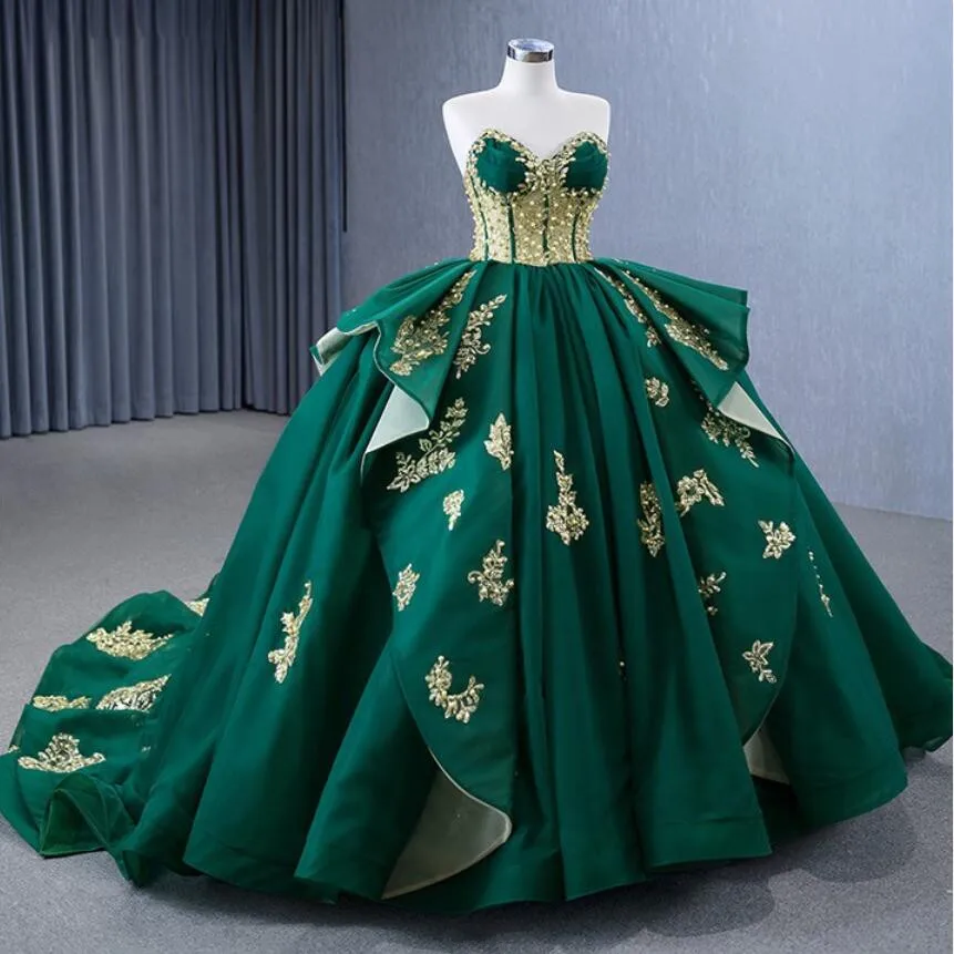 Hunter Green Princesa Quinceanera Vestidos, Pérolas douradas Applique Desoja Espartilho, Doce 15 Prom Gown