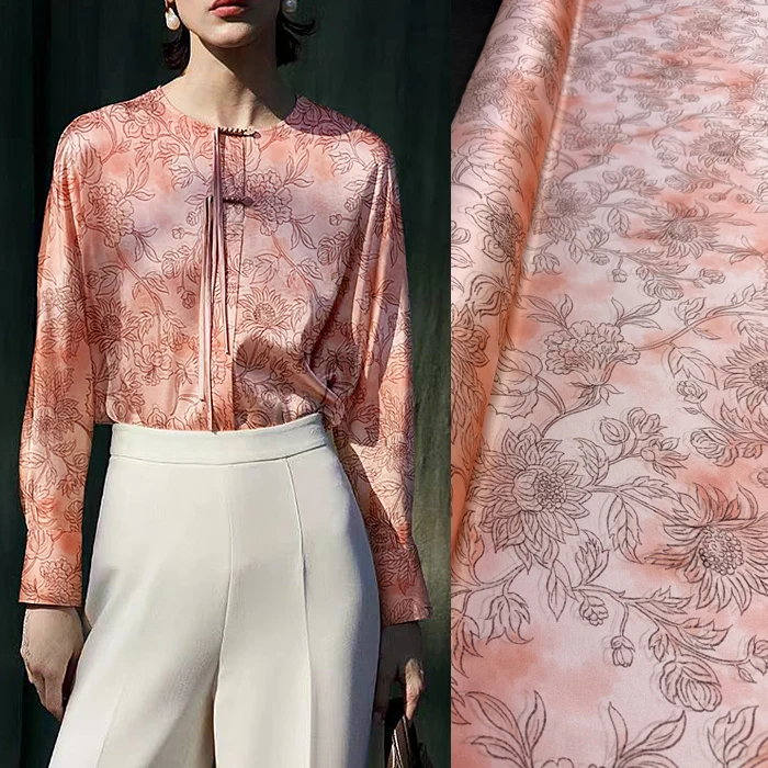 

3m Artistic Floral Pink & Brown Petals Silk Fabric Luxury Stretch SilkSatin Twill Weave 93% Mulberry Silk and 7% Spandex