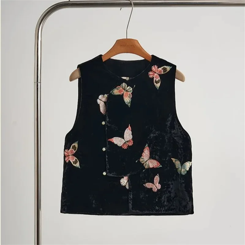 

New Outerwear Women's Vests New Style Black Velvet Butterfly Embroidered Vest Women's Autumn Temperament High Sense Vest Coat