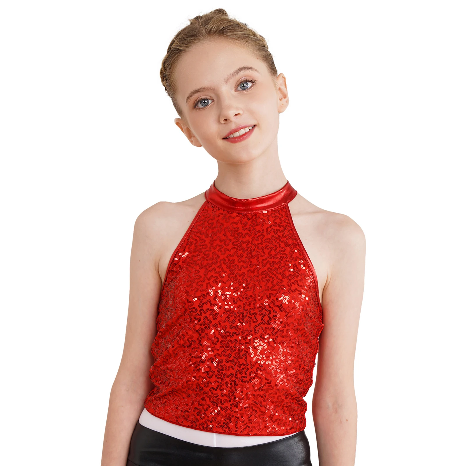 Girls Backless Tank Tops Jazz Hip Hop Dance Performance Tops Cheerleading Dance Costume Sparkly Sequins Halter Ballet Crop Top