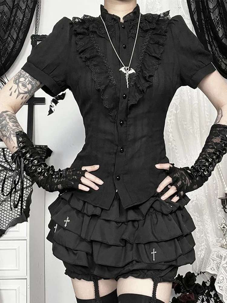 

2026 Summer New Women Black Goth Stand Collar Shirt Lace Ruffle Back Lace-up Short Sleeve E-girl Y2K Punk Top