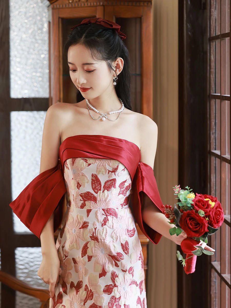 

Flowers Red Evening Dress Jacquard Off Shoulder Strapless Backless Mermaid Zipper Slim Long Party Female Engagement Prom Gown