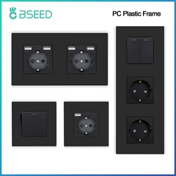BSEED EU Button Switches With Power Socket 1/2/3Gang 1Way Electrical Outlets With USB Type-C Wall Socket 16A Plastic Panel