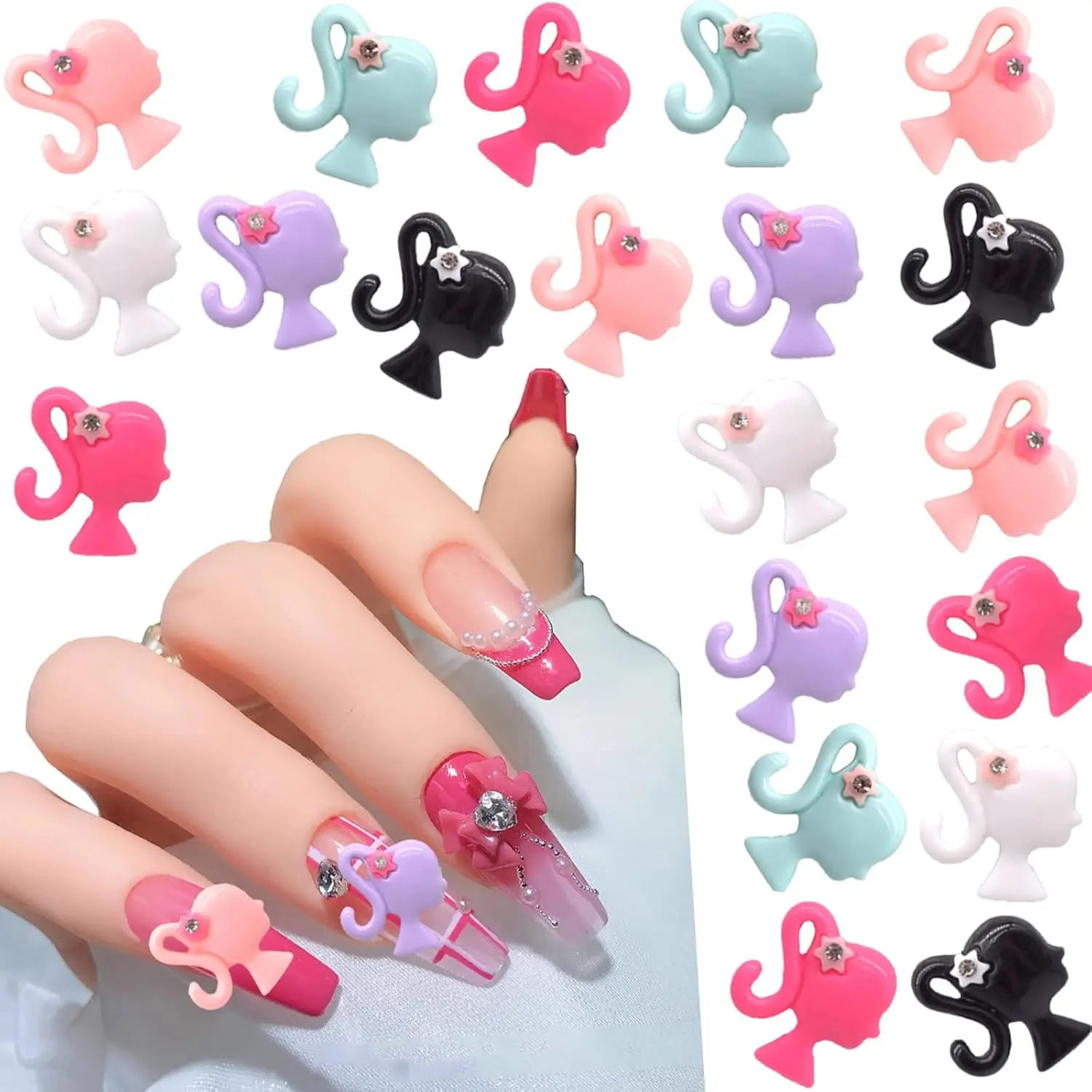 10pcs Barbie Head Resin Nail Art 3D Flower Diamond Charms Kawaii Beauty Resin Flatback Pink Black Barbie Resin Earring Charms