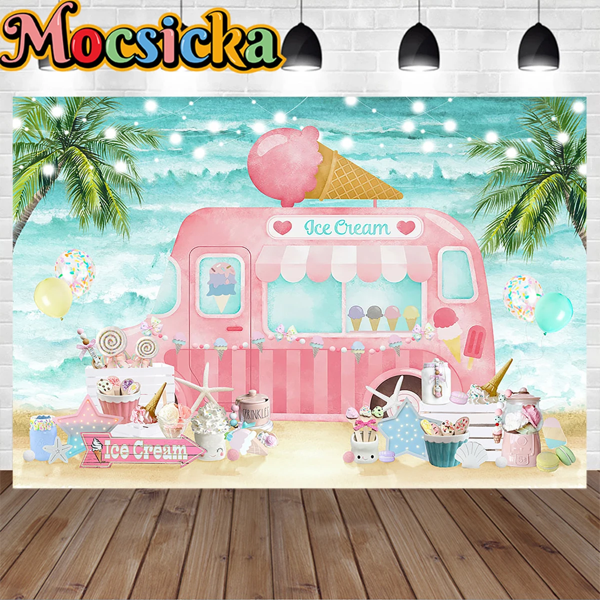 Summer Ice Cream Bus Poster Background Pink Girl Birthday Party Cake Dessert Decoration Backdrop Prop Beach Holiday Night Photo