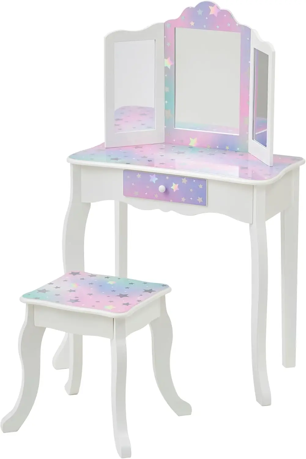 Kids Vanity Set with Mirror & Stool, Wooden Dressing Table for Girls, White Star Print